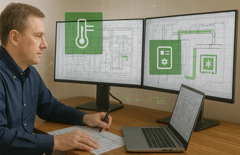 An HVAC estimator reviews mechanical blueprints on dual monitors showing duct and piping layouts. Green digital icons for temperature control, system efficiency, and air handling highlight precision and cost analysis in HVAC estimating. A laptop and printed plans are on the desk, symbolizing digital takeoff accuracy in construction projects.