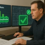 Construction estimator analyzing prevailing wage charts and project drawings for accurate U.S. public-works bid.