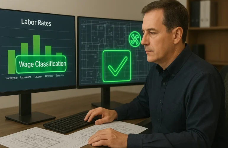 Construction estimator analyzing prevailing wage charts and project drawings for accurate U.S. public-works bid.