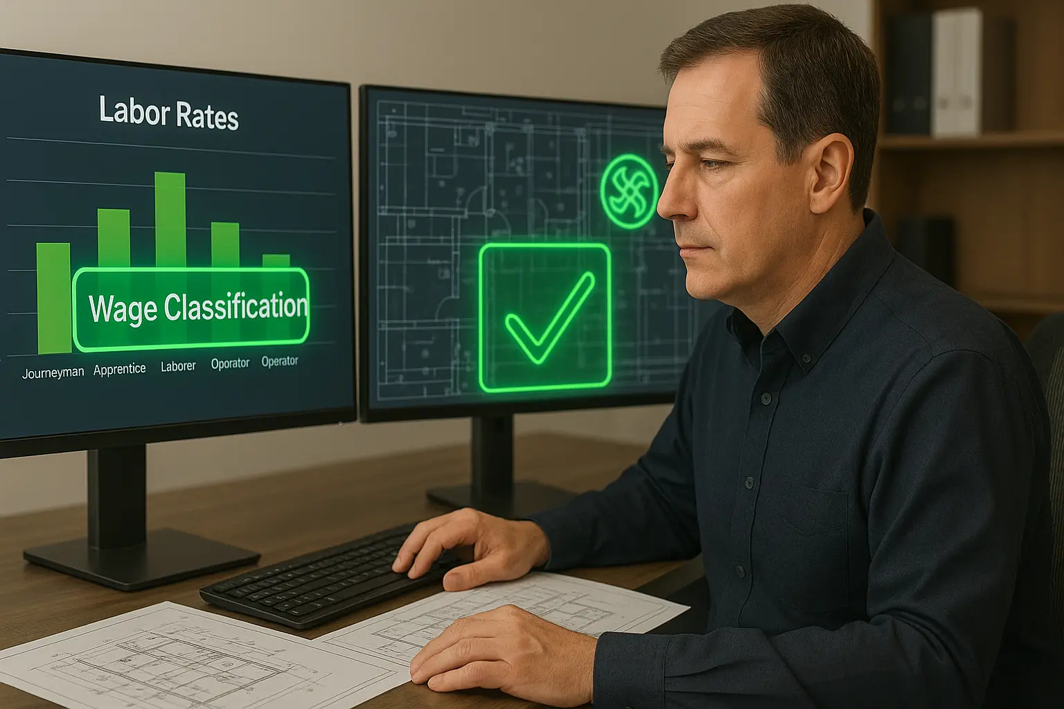 Construction estimator analyzing prevailing wage charts and project drawings for accurate U.S. public-works bid.