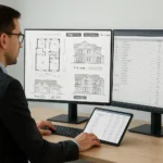 Residential construction estimator in the U.S. reviewing digital floor plans and cost data on dual monitors for single-family, multi-family, and renovation projects.