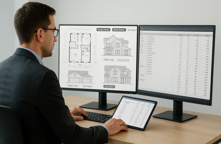 Residential construction estimator in the U.S. reviewing digital floor plans and cost data on dual monitors for single-family, multi-family, and renovation projects.
