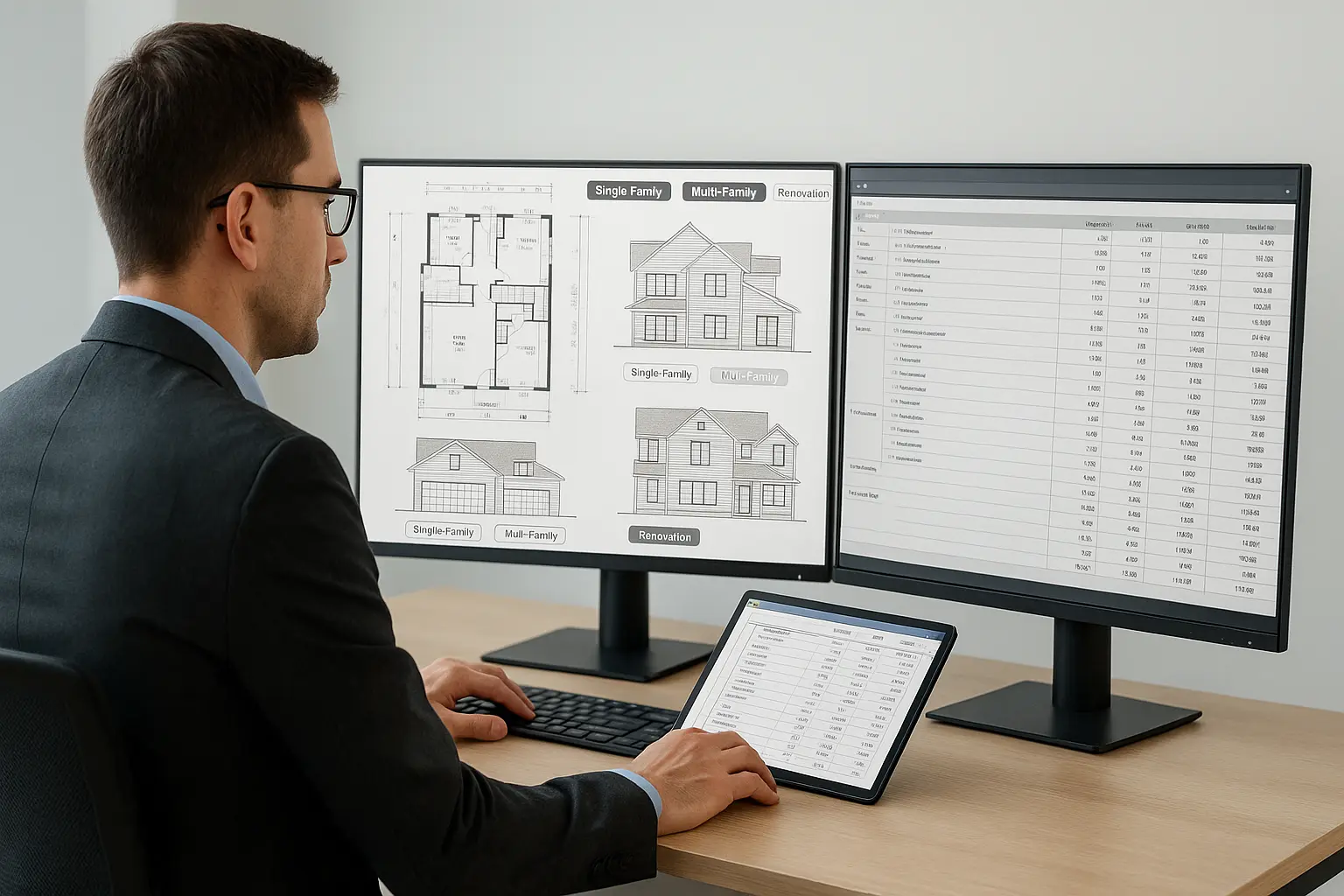 Residential construction estimator in the U.S. reviewing digital floor plans and cost data on dual monitors for single-family, multi-family, and renovation projects.