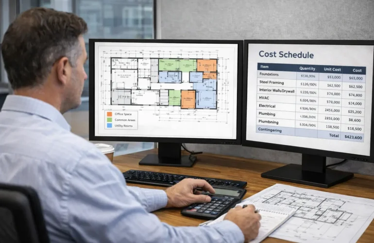 US commercial construction estimator reviewing detailed project drawings.