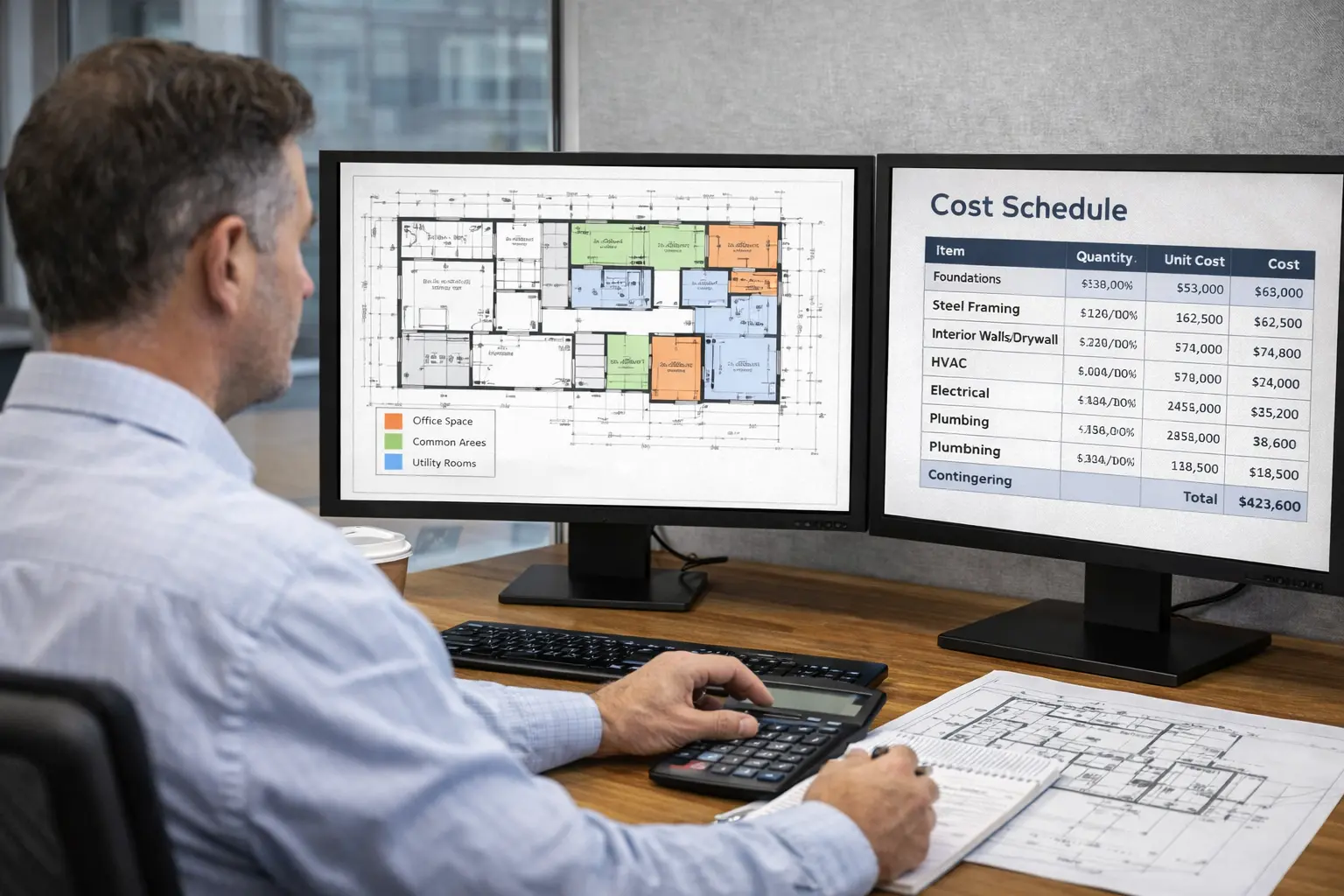 US commercial construction estimator reviewing detailed project drawings.