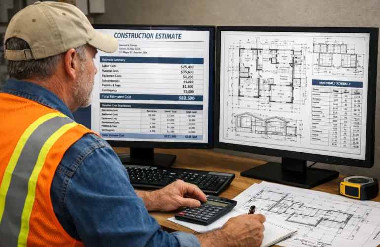 Estimator in the United States reviewing construction drawings and digital estimate.