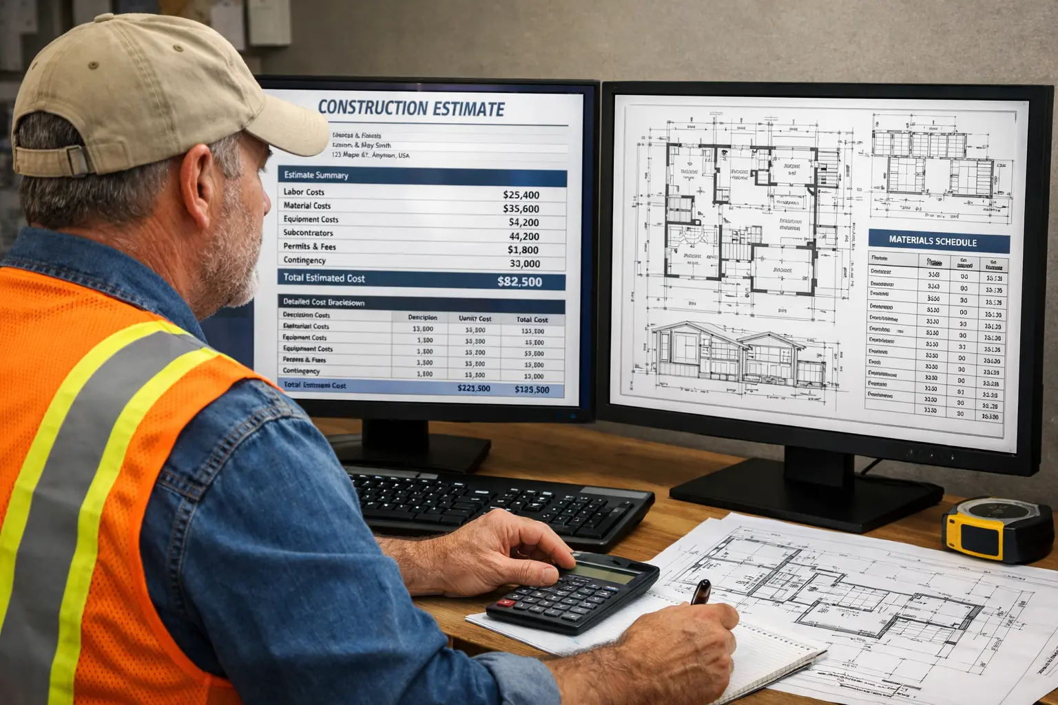 Estimator in the United States reviewing construction drawings and digital estimate.
