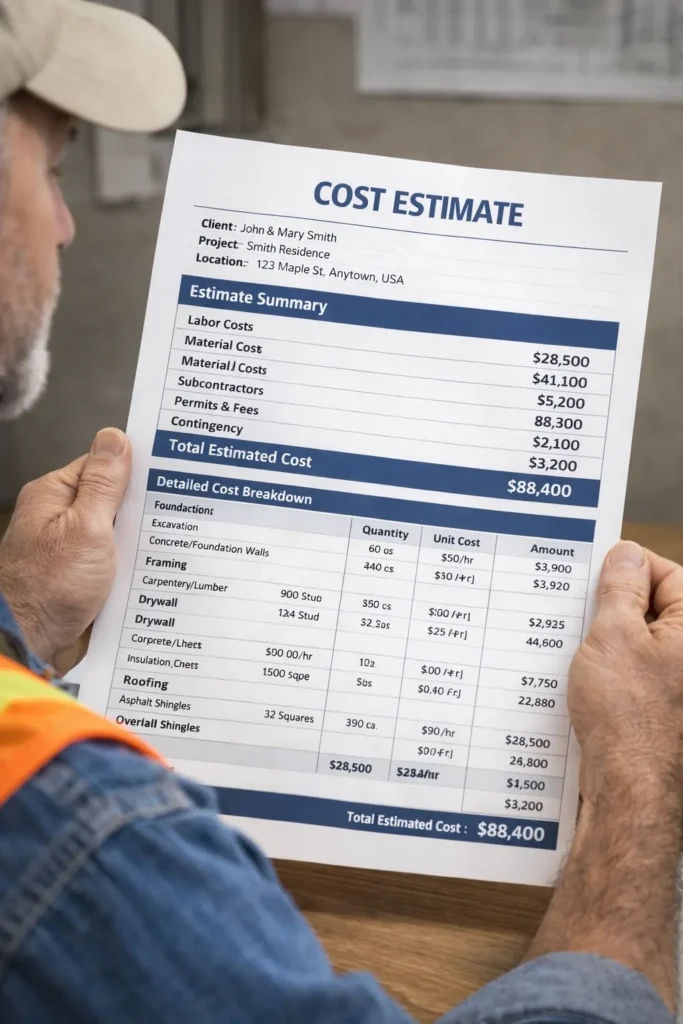 Contractor reviewing detailed US construction cost estimate.