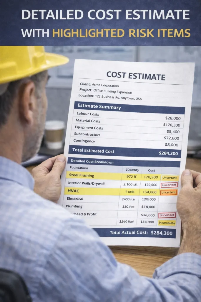 Contractor reviewing detailed construction cost breakdown.