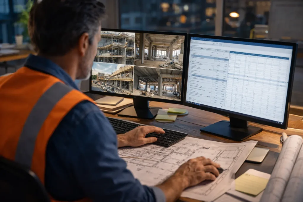 Project manager balancing site work and construction estimating.
