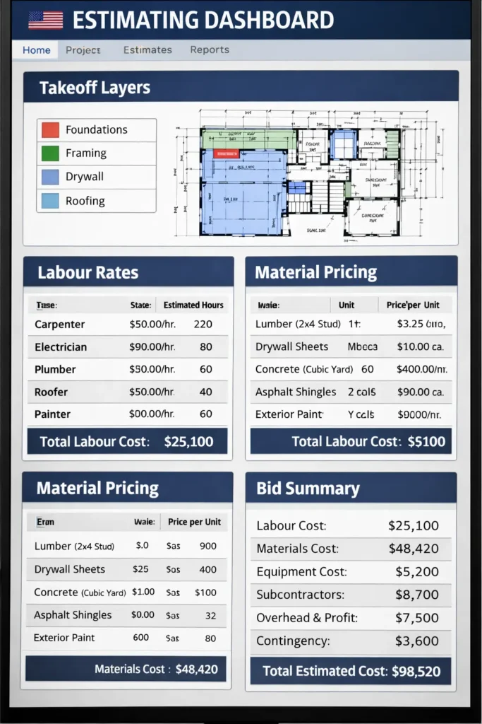 US construction estimating workflow with labour and material pricing.