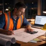 US contractor reviewing construction estimates after hours.