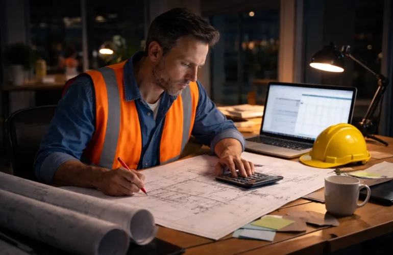 US contractor reviewing construction estimates after hours.