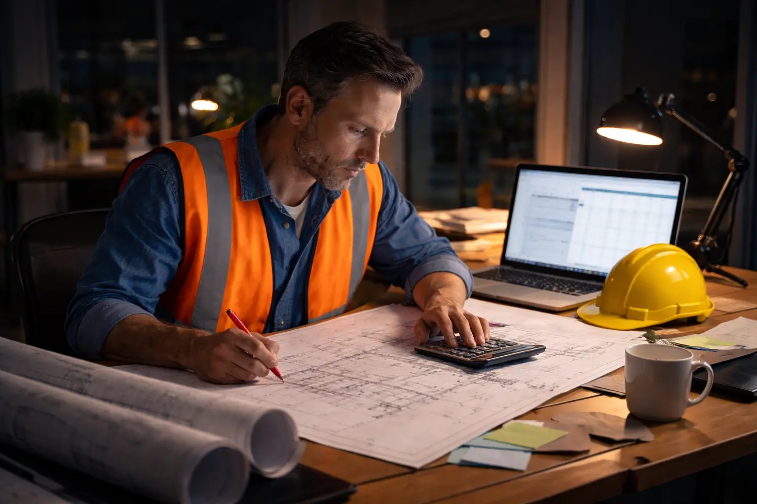 US contractor reviewing construction estimates after hours.