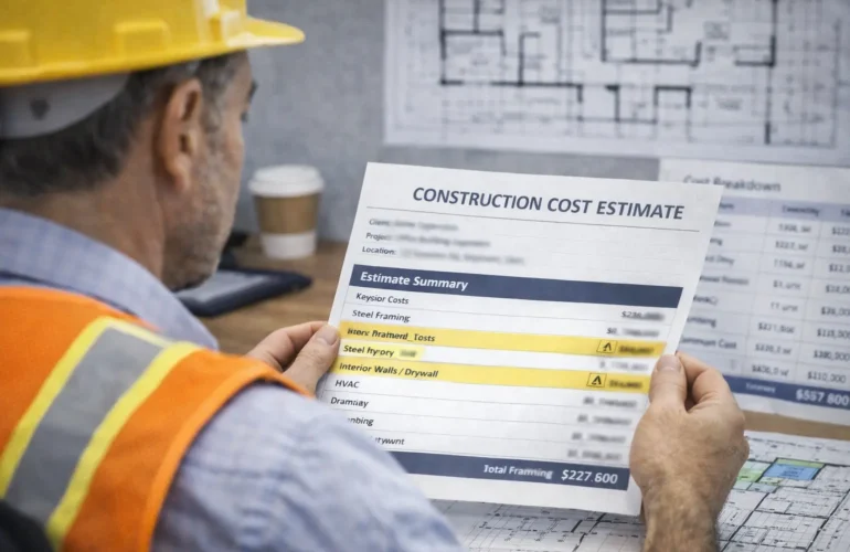 Contractor analyzing a construction estimate to avoid underbidding.
