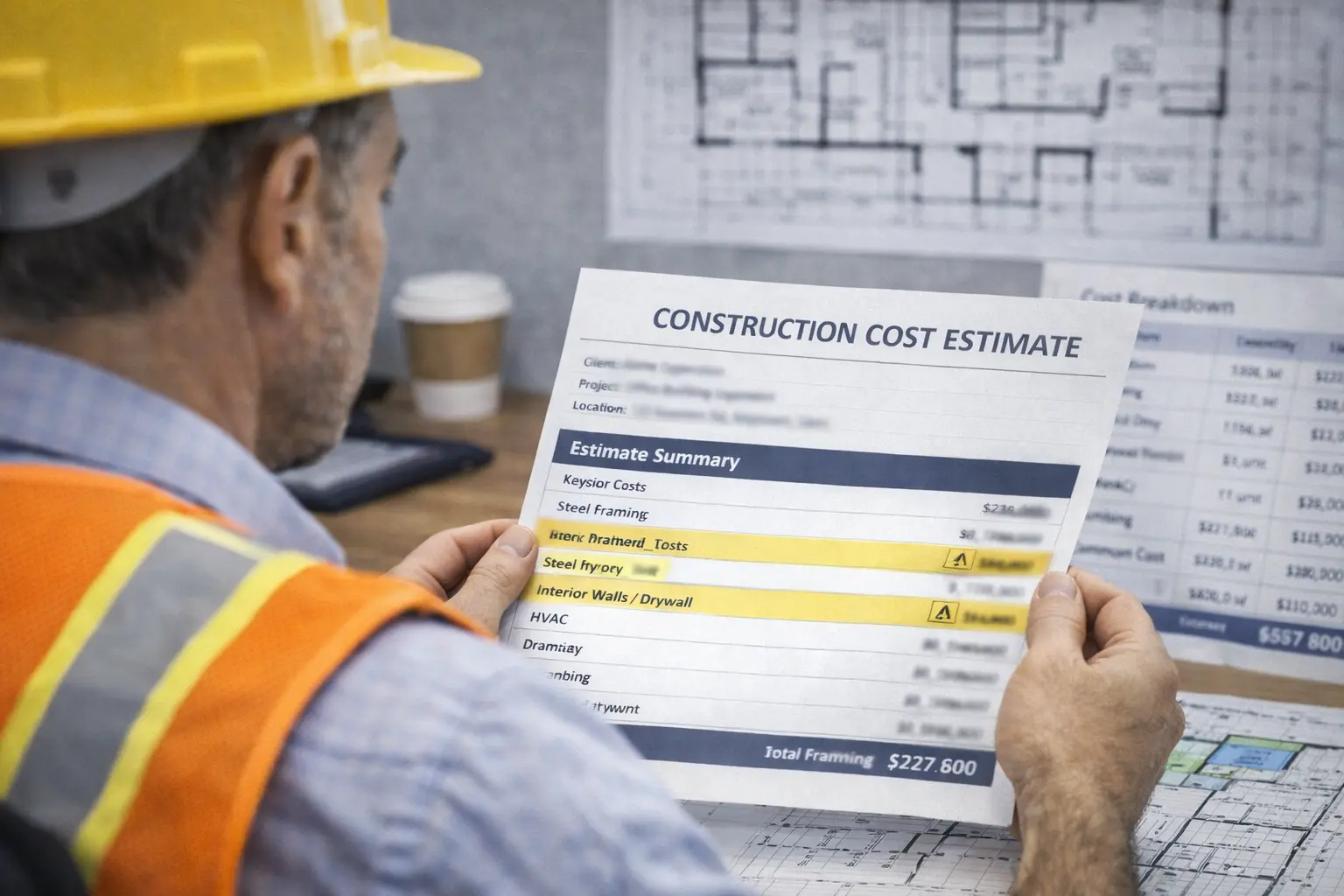 Contractor analyzing a construction estimate to avoid underbidding.