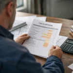Construction contractor reviewing a bid summary with drawings and calculator on a desk