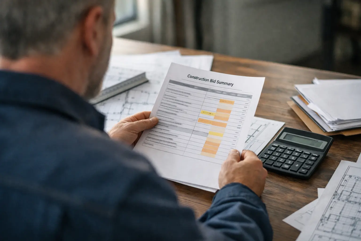 Construction contractor reviewing a bid summary with drawings and calculator on a desk