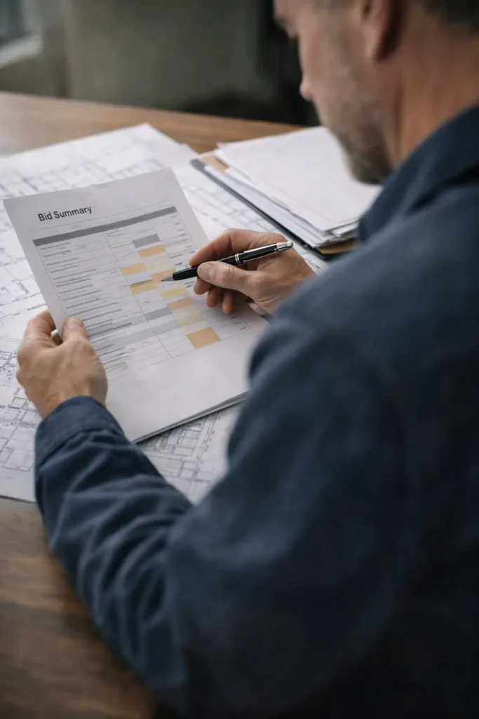 Construction contractor reviewing a bid summary while comparing it with architectural drawings
