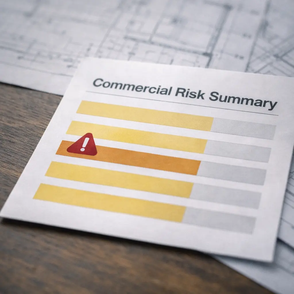 Commercial risk summary card showing colour-coded risk levels on a desk