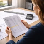 Female construction estimator reviewing a printed estimate with drawings and calculator on a desk