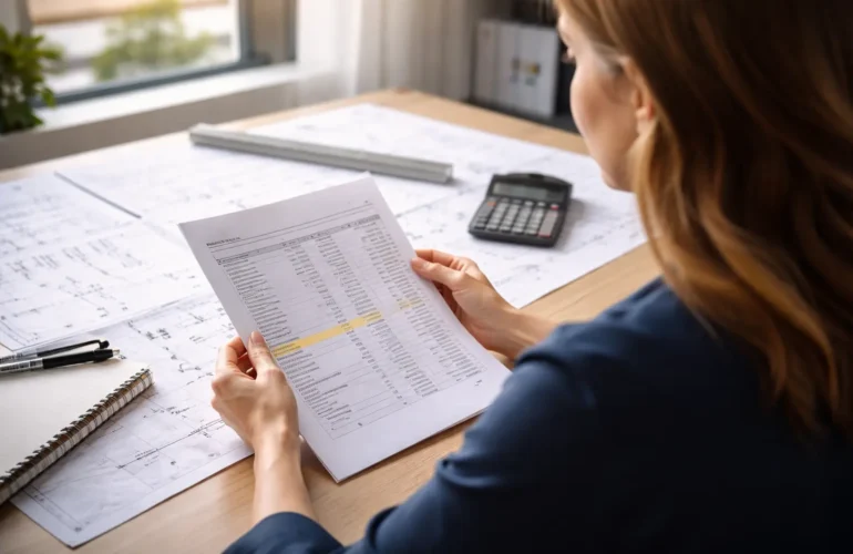 Female construction estimator reviewing a printed estimate with drawings and calculator on a desk