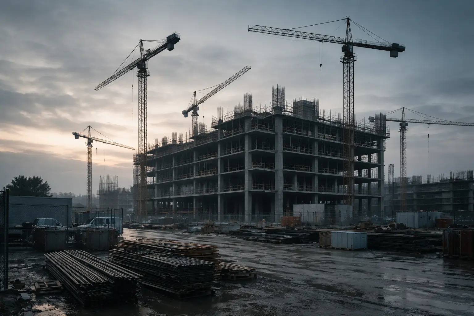 Construction site at dawn illustrating construction margin erosion after contract award