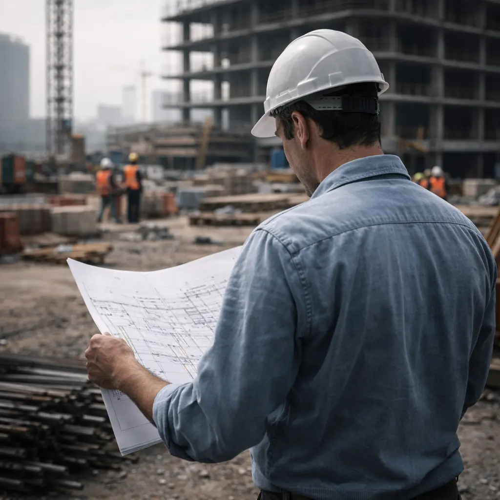 Contractor reviewing construction plans under margin pressure