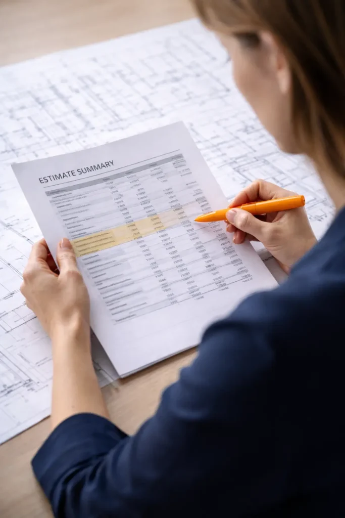 Female construction estimator reviewing an estimate summary with an orange highlighter and architectural drawings